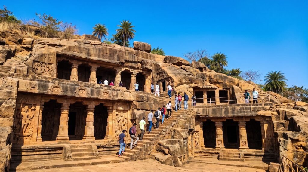 Visitors exploring Khandagiri Caves